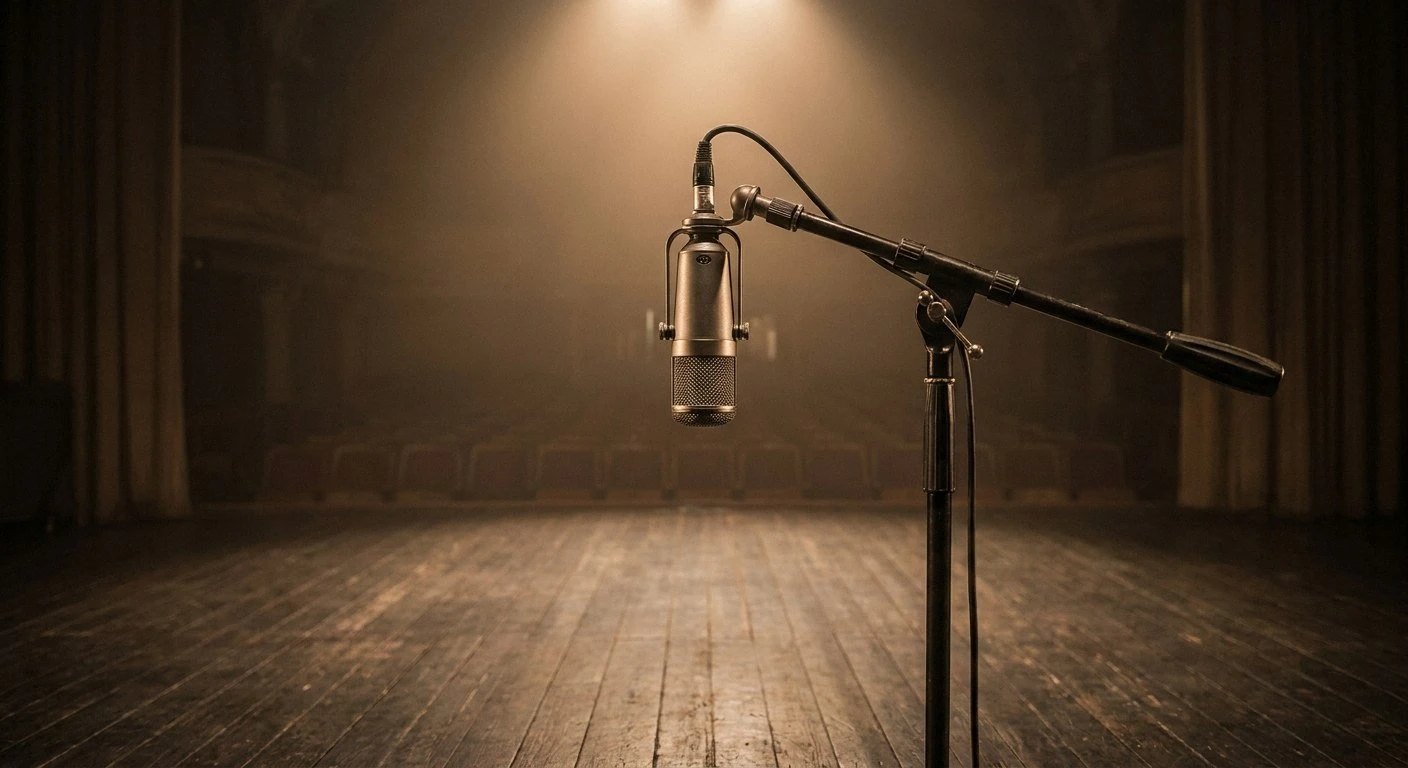 A single microphone on a metal stand sits centered on a wooden stage under a warm spotlight, with dark empty theater